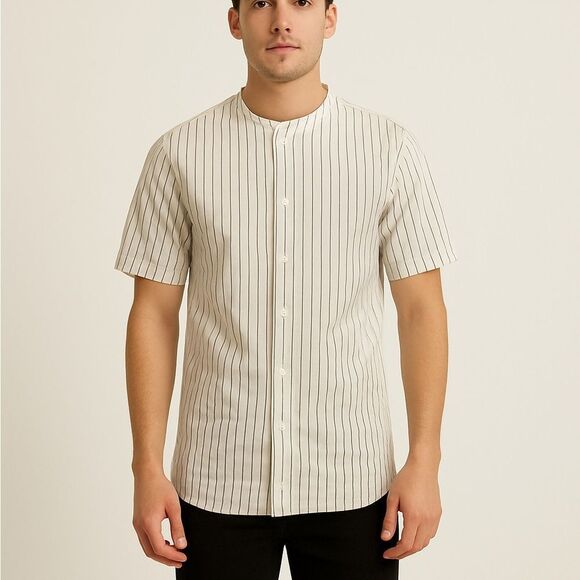 ASOS Men Baseball Striped Button Down Shirt - Picture 1 of 5